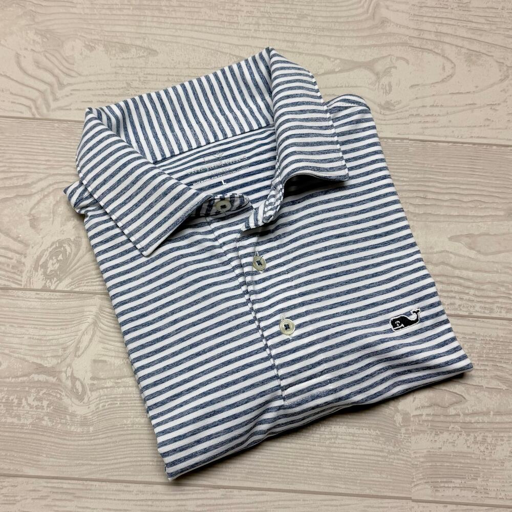 Vineyard Vines Sankaty Performance Polo Boys Large 16 Blue Striped Golf Shirt